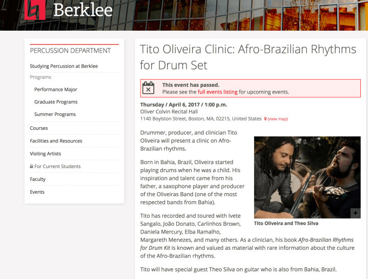 Tito Oliveira- Clinica Ritmos Afro-brasileiros / Berklee 2017